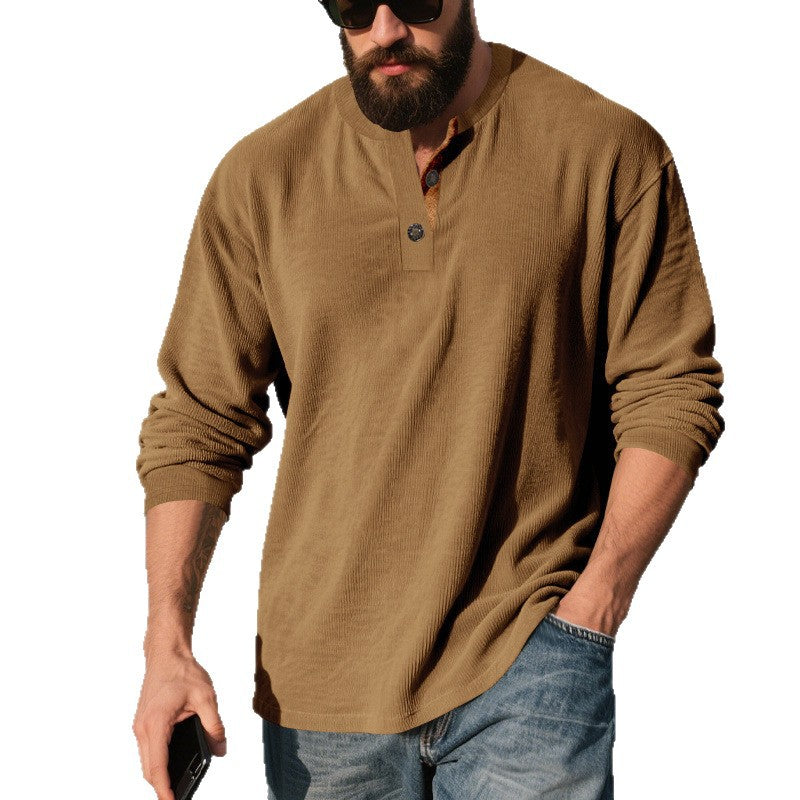 Retro Corduroy Casual Henley Shirt With Long Sleeves