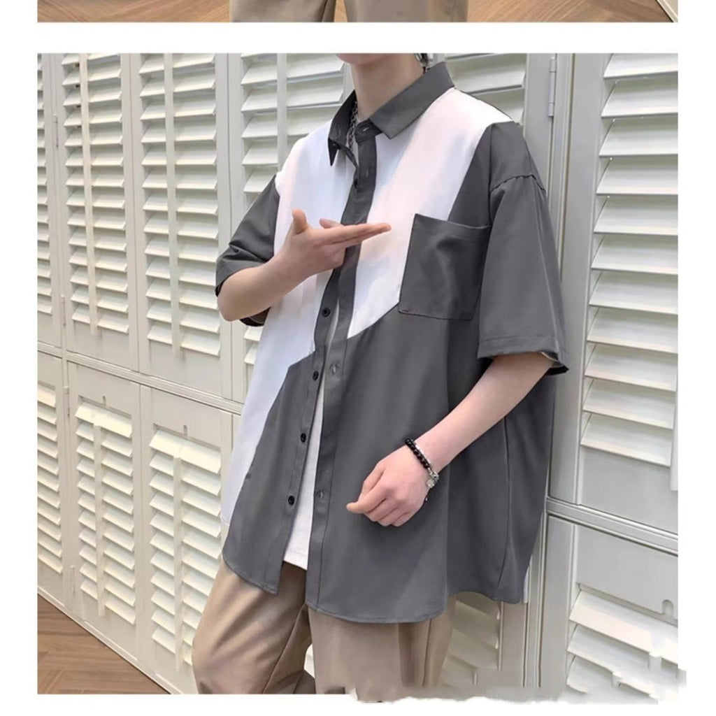 Hong Kong Wind And Tide Stitching Contrast Shirt Korean Version