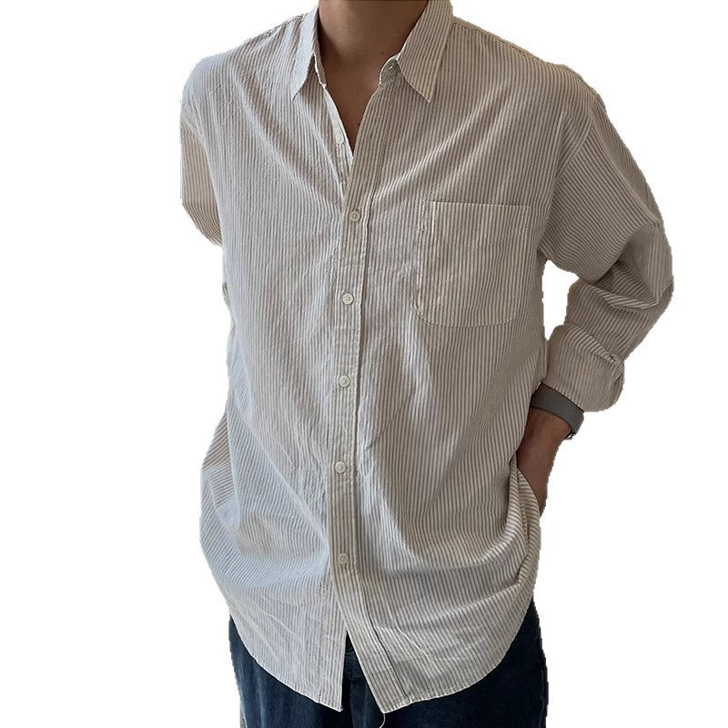 Mens Casual Loose-fitting Long-sleeve Striped Shirt