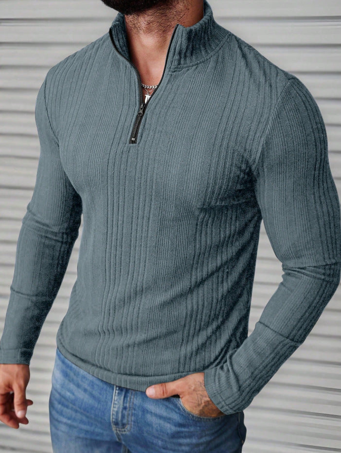 Casual Stand-up Collar Pullover Slim-fit Solid-color Ribbed Long-sleeve Hoodie