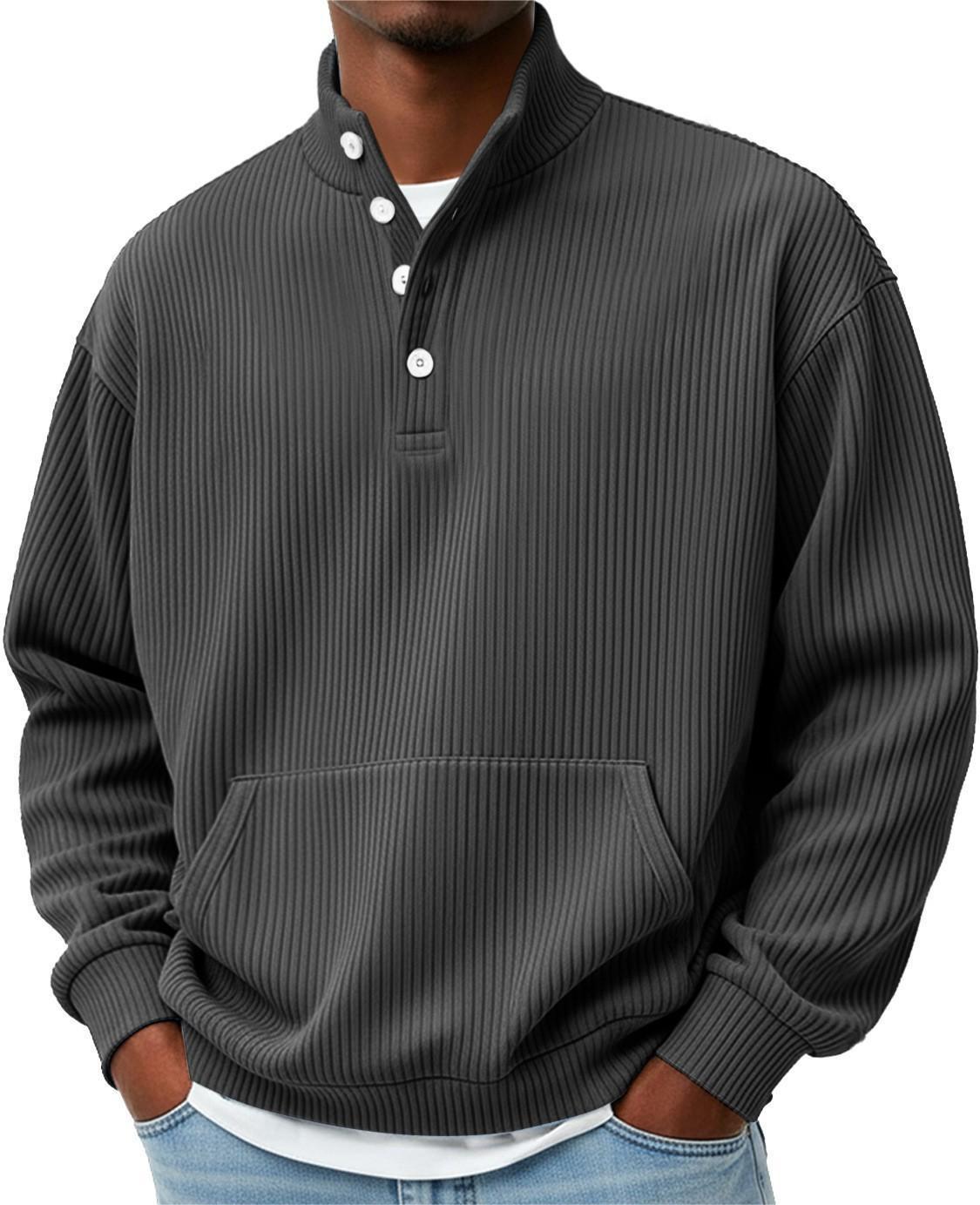 Mens Solid-Color Turtleneck Casual Long-Sleeve Polo Sweatshirt