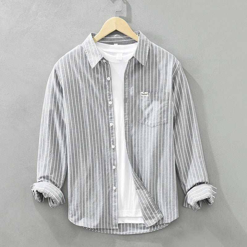 Simple Versatile Striped Oxford-cloth Long-sleeve Mens Casual Loose-fit Cotton Shirt