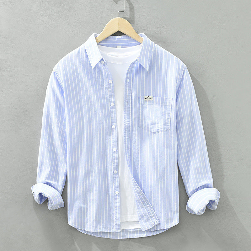 Simple Versatile Striped Oxford-cloth Long-sleeve Mens Casual Loose-fit Cotton Shirt