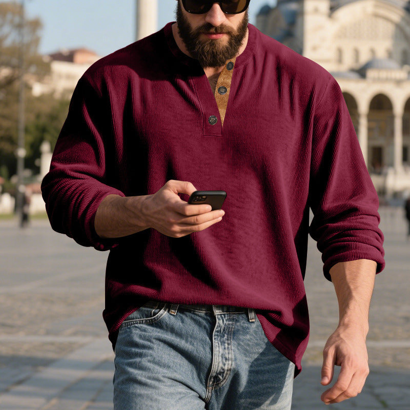 Retro Corduroy Casual Henley Shirt With Long Sleeves