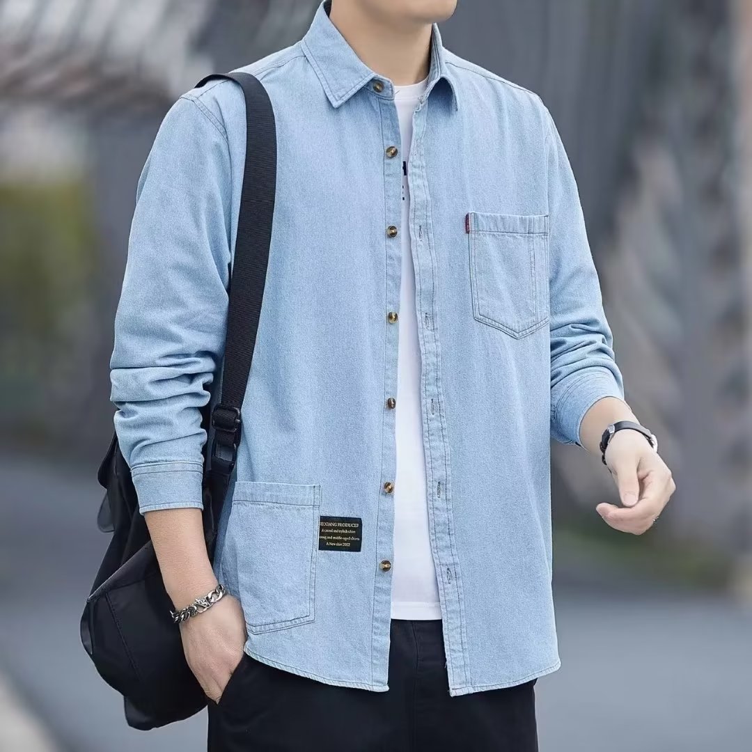 Mens Blue Denim Long Sleeve Shirt