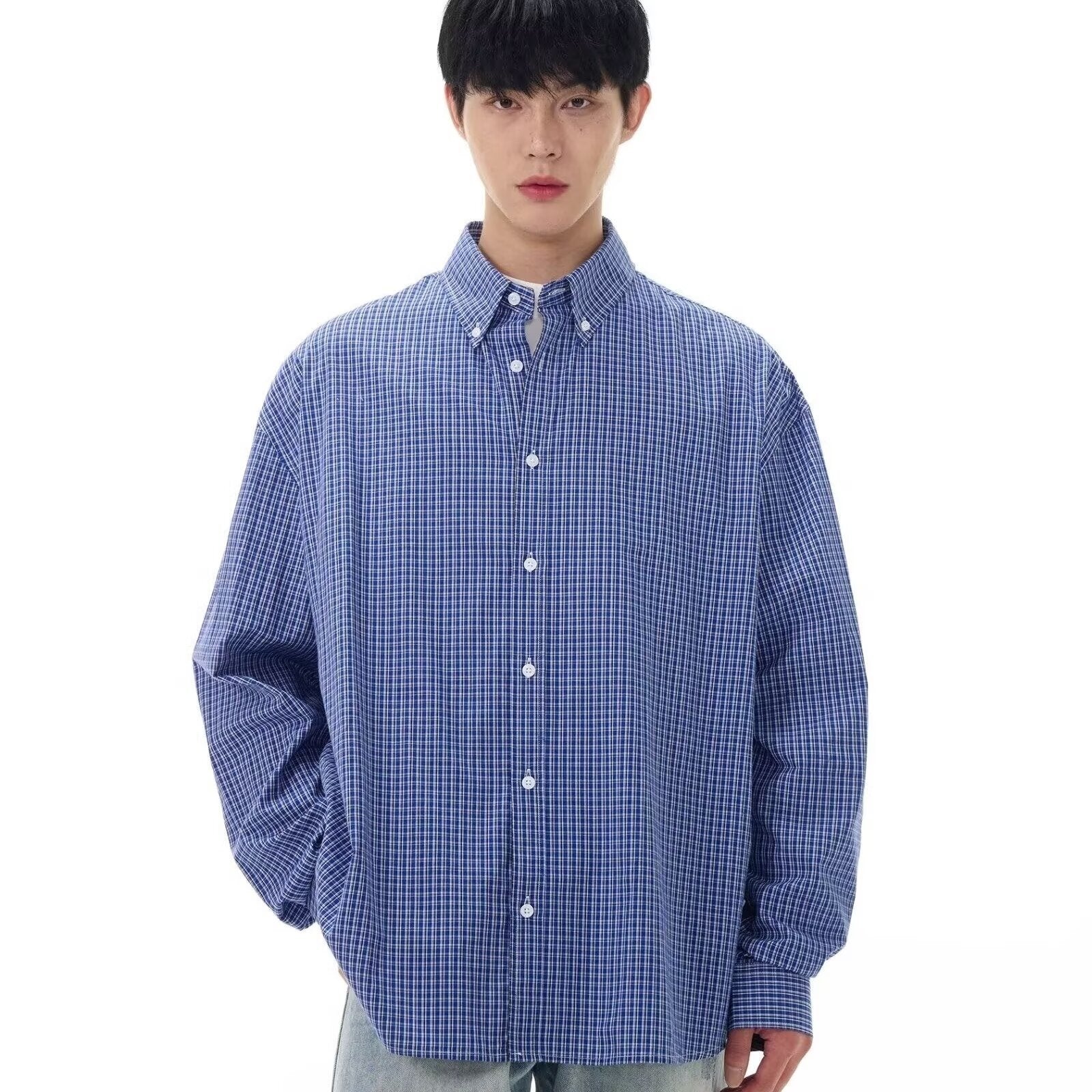 Mens Retro Classic Blue Plaid Shirt