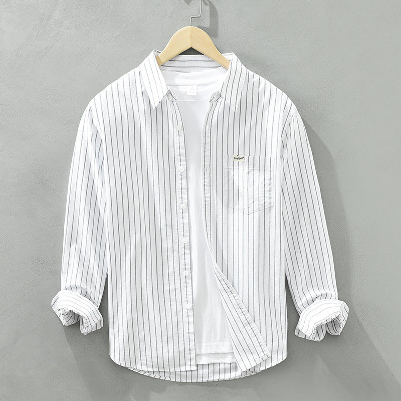 Simple Versatile Striped Oxford-cloth Long-sleeve Mens Casual Loose-fit Cotton Shirt
