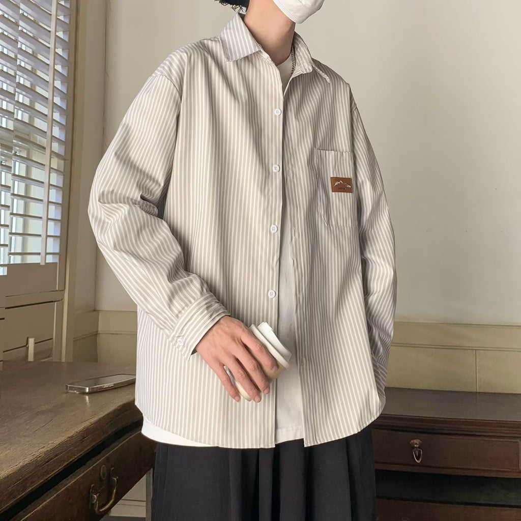 Korean style Mens Refined Loose-fit Casual Striped Shirt