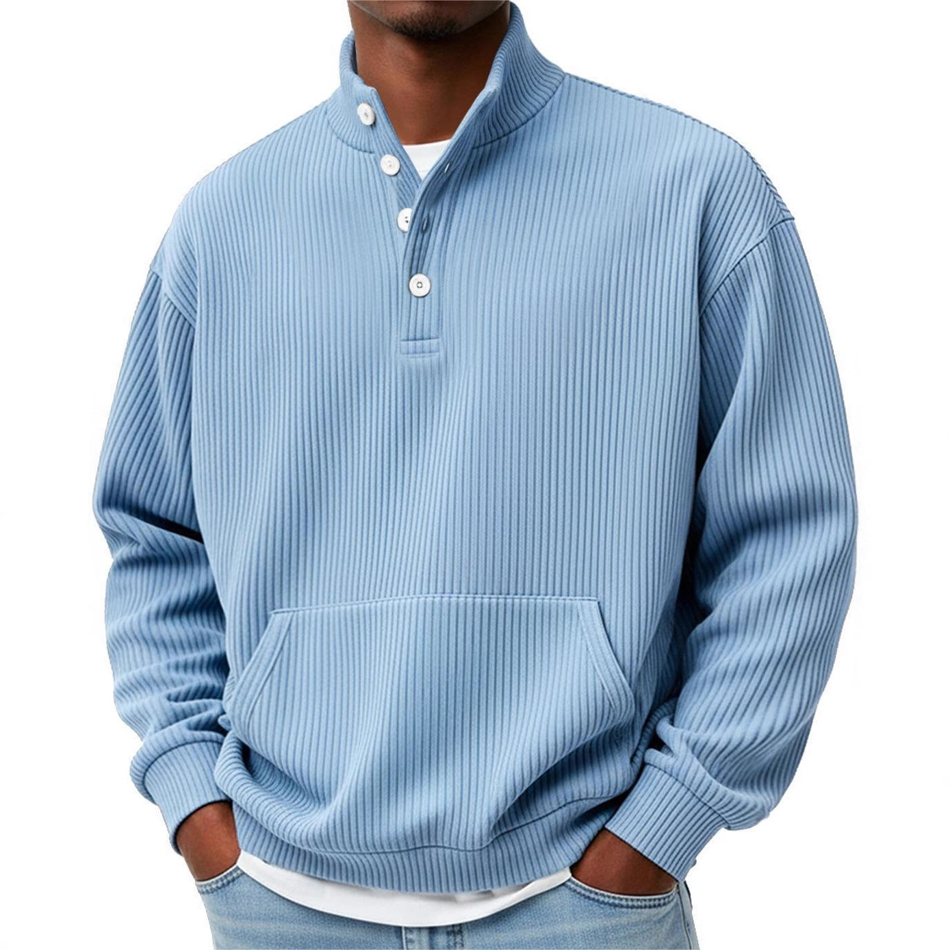Mens Solid-Color Turtleneck Casual Long-Sleeve Polo Sweatshirt
