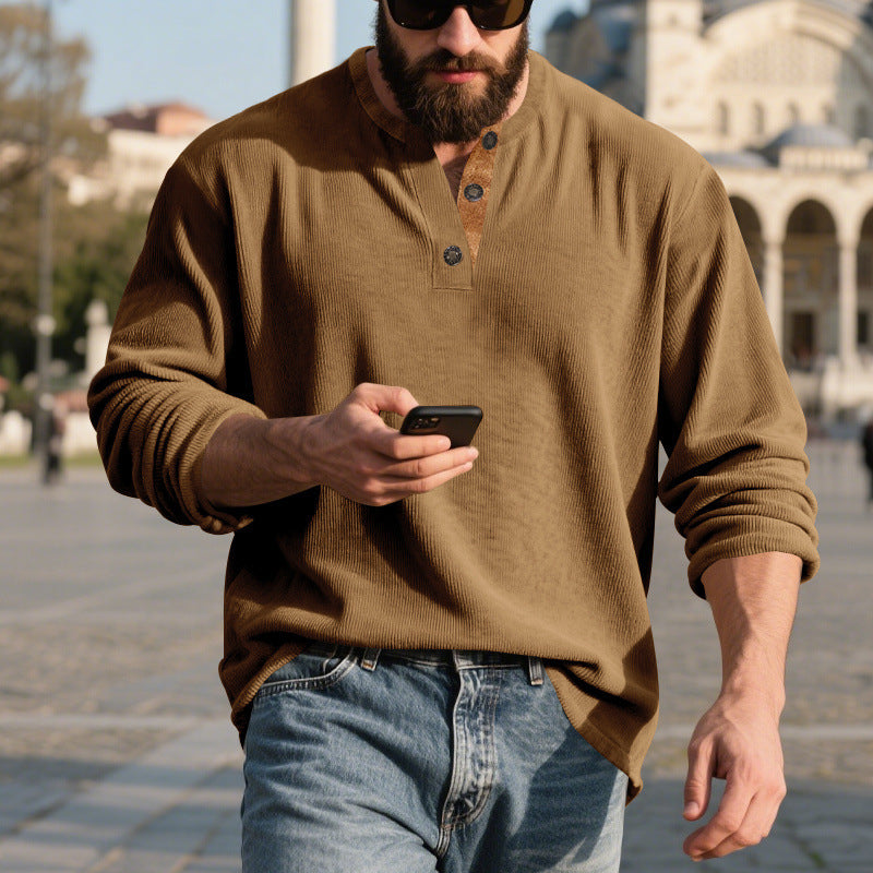 Retro Corduroy Casual Henley Shirt With Long Sleeves