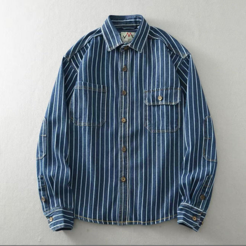 New Washed-and-distressed American-style Loose-fitting Striped Long-sleeve Shirt