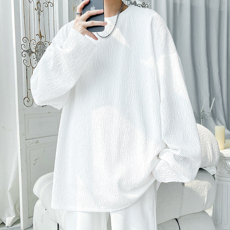 Crew-neck Long-sleeve T-shirt With A Simple Ruffled Design For Layering