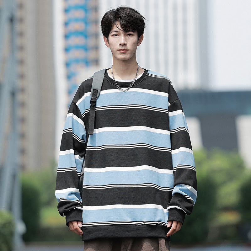 New Autumn Striped Loose Crew-Neck Mens Sweatshirt