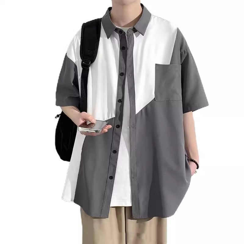 Hong Kong Wind And Tide Stitching Contrast Shirt Korean Version