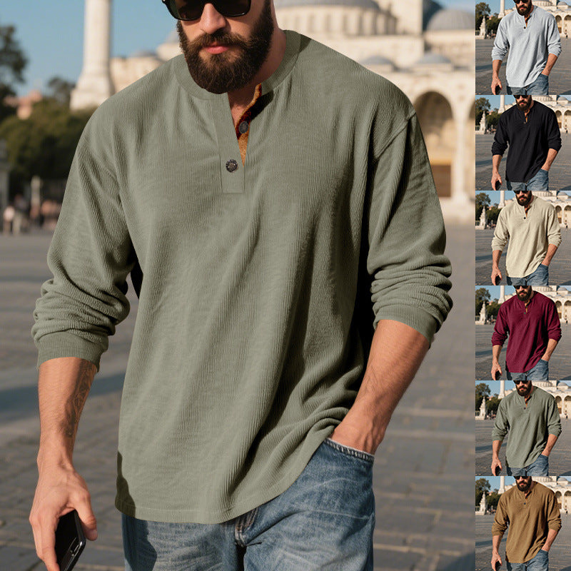 Retro Corduroy Casual Henley Shirt With Long Sleeves