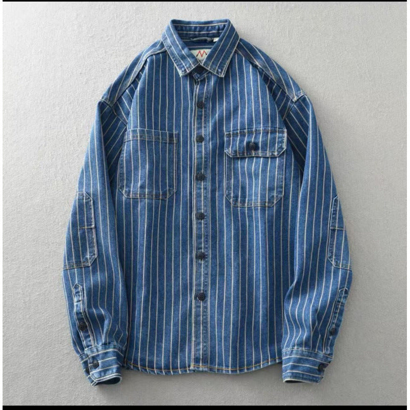New Washed-and-distressed American-style Loose-fitting Striped Long-sleeve Shirt