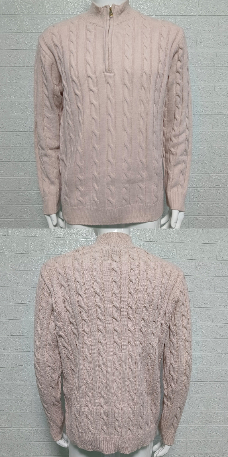 Mens Slim-fit Knitted Zip-up Mock-neck Long-sleeve Sweater