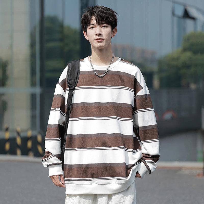 New Autumn Striped Loose Crew-Neck Mens Sweatshirt