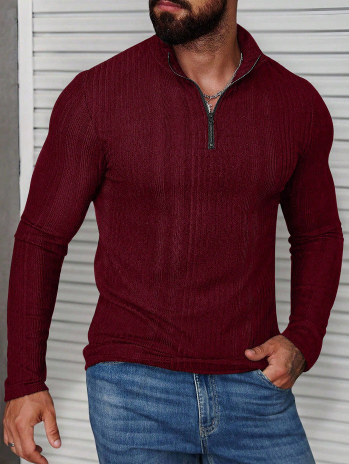 Casual Stand-up Collar Pullover Slim-fit Solid-color Ribbed Long-sleeve Hoodie