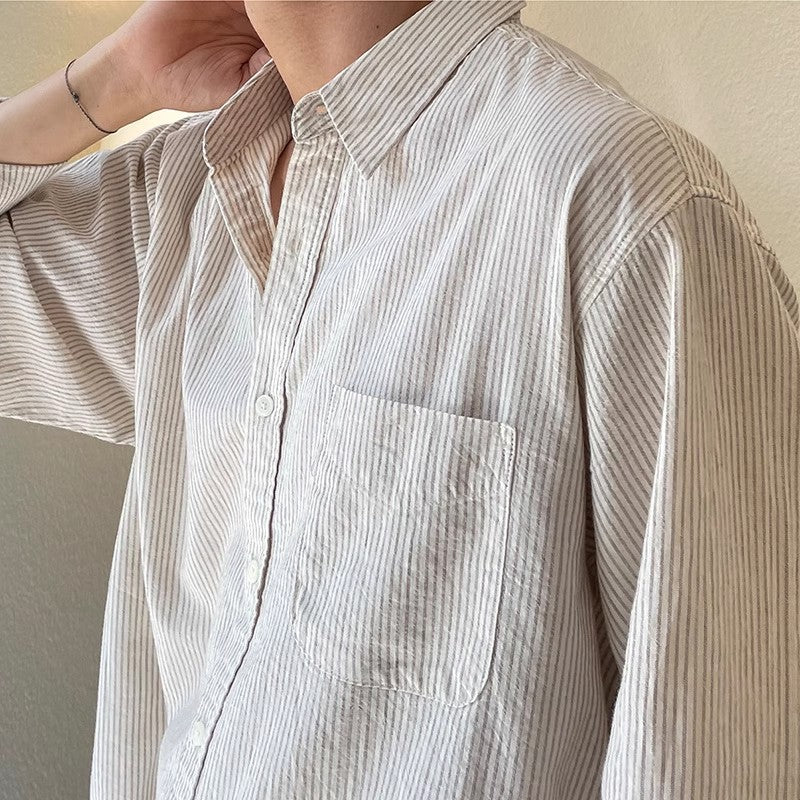 Mens Casual Loose-fitting Long-sleeve Striped Shirt