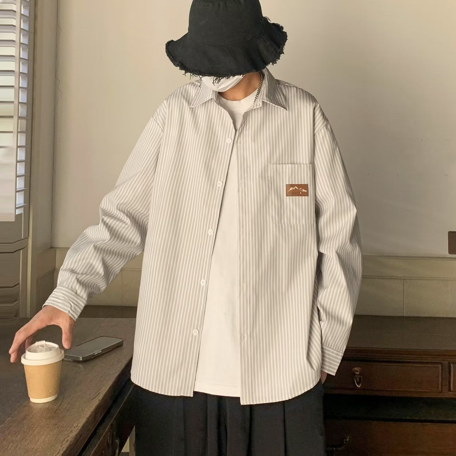 Korean style Mens Refined Loose-fit Casual Striped Shirt