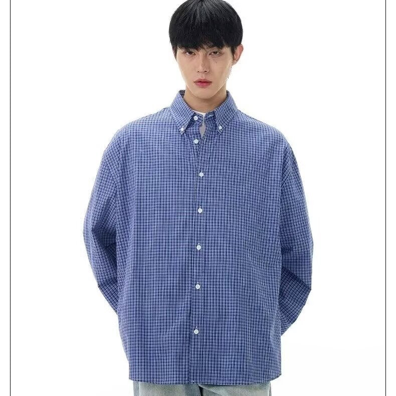 Mens Retro Classic Blue Plaid Shirt