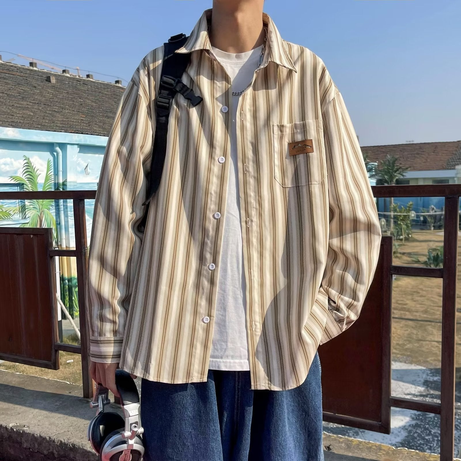 Korean style Mens Refined Loose-fit Casual Striped Shirt