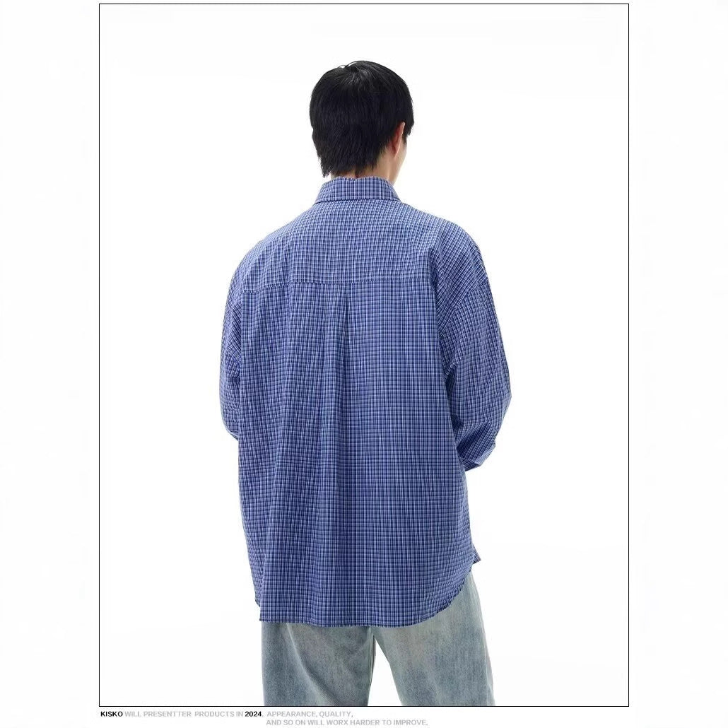 Mens Retro Classic Blue Plaid Shirt