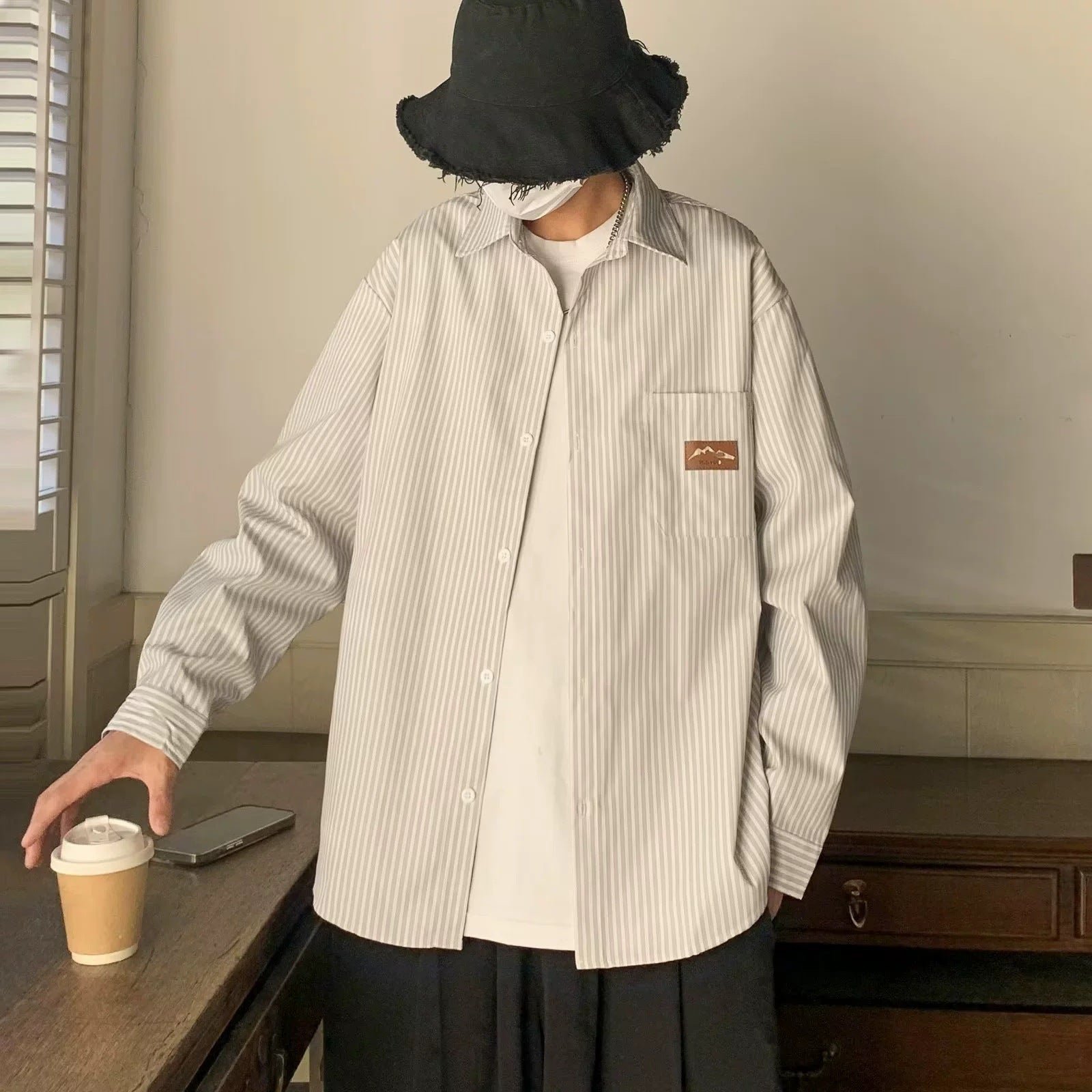 Korean style Mens Refined Loose-fit Casual Striped Shirt