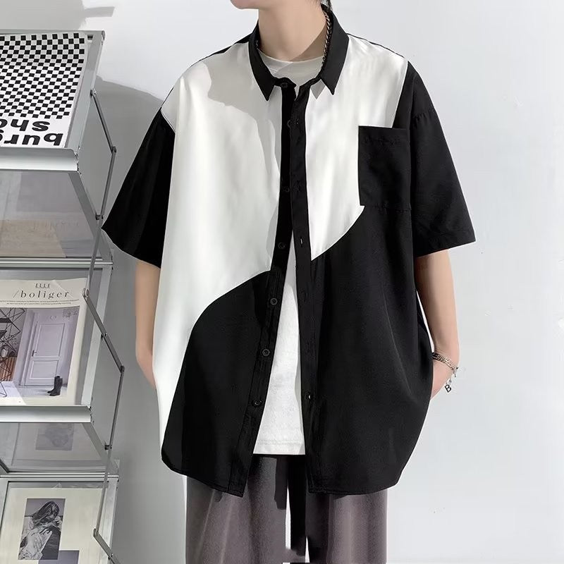 Hong Kong Wind And Tide Stitching Contrast Shirt Korean Version