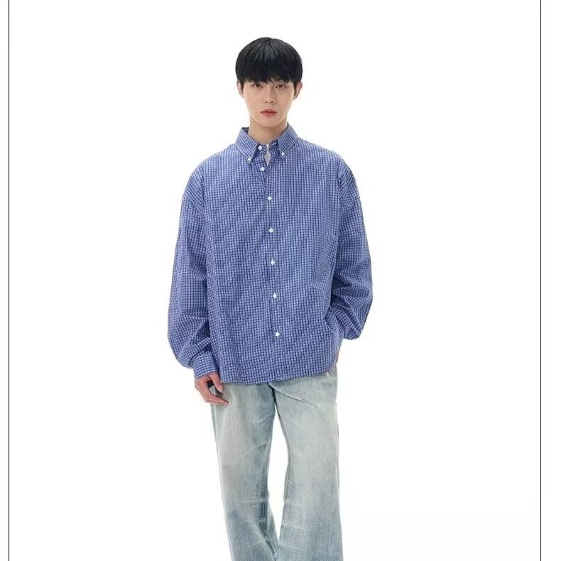 Mens Retro Classic Blue Plaid Shirt