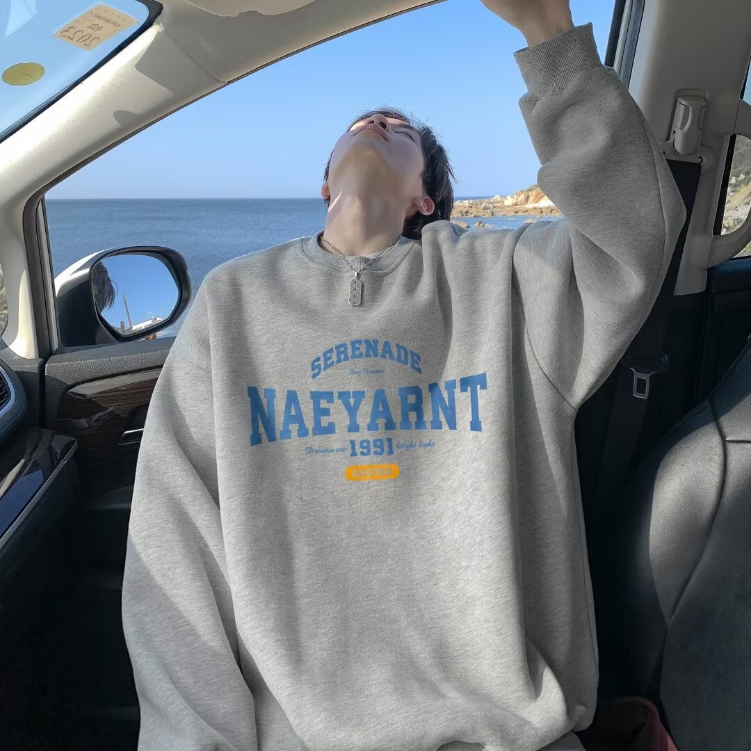 New Mens Loose Fitting Long Sleeve Crew Neck Top