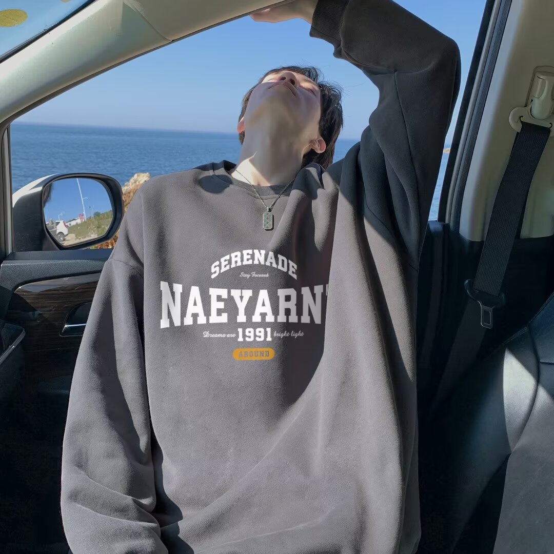 New Mens Loose Fitting Long Sleeve Crew Neck Top