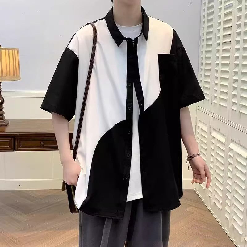 Hong Kong Wind And Tide Stitching Contrast Shirt Korean Version