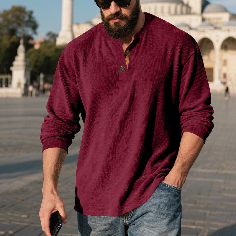 Retro Corduroy Casual Henley Shirt With Long Sleeves